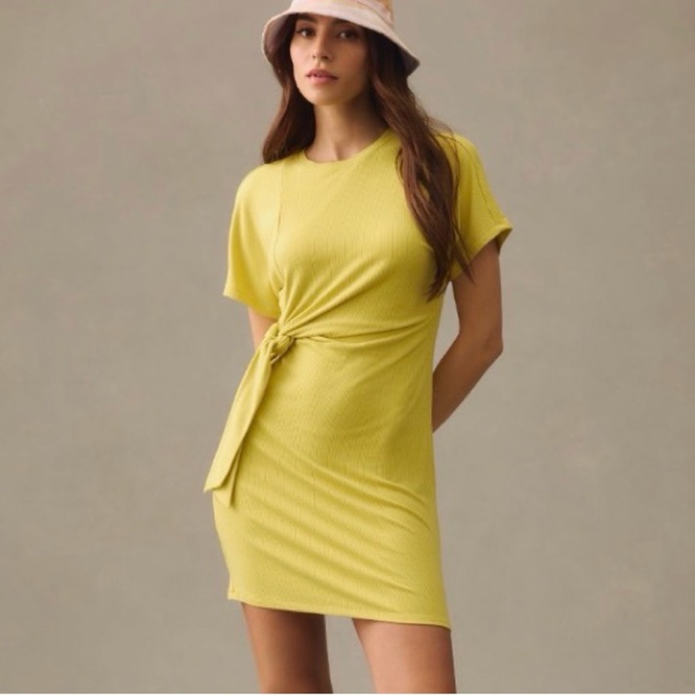 Anthropologie Daily Practice Yellow Tie-Waist Ribbed Knit Mini Dress
